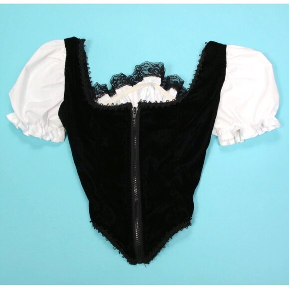 Vtg JEANNIE NITRO Gothic Black Velvet White Puff Sleeve Lace Up Wench Top XS 015 - Picture 3 of 5
